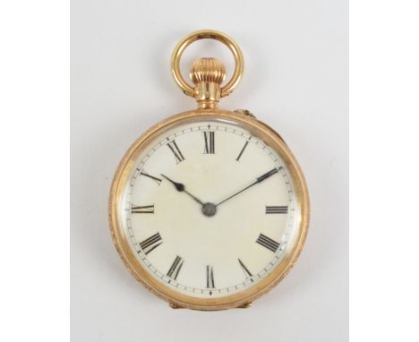 A late 19th century 14ct yellow gold Swiss crown wind lady's fob watch with engraved floral and foliate decoration to back an