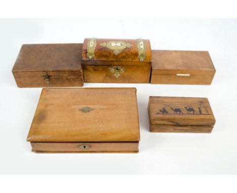 A 19th century burr walnut dome sectioned tea caddy with brass and ivory inlaid panels, a mahogany book shaped stationery box