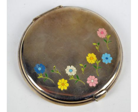 BLACK, STARR & GORHAM; a silver and floral enamel decorated circular hinged lidded compact, sold with original cloth pouch, d
