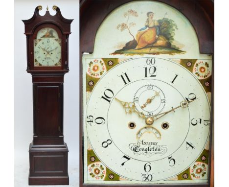 A mahogany longcase clock, basically 19th century, the painted arched enamel dial with subsidiary seconds and date aperture, 