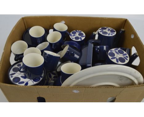 A quantity of Melitta teaware in retro 'Stockholm' cobalt blue pattern, comprising three teapots in various sizes, a butter d