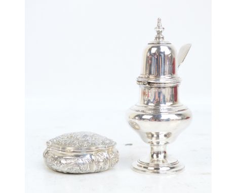 An Austrian silver embossed lidded trinket box of shaped form decorated throughout with figures in a landscape, foliate scrol