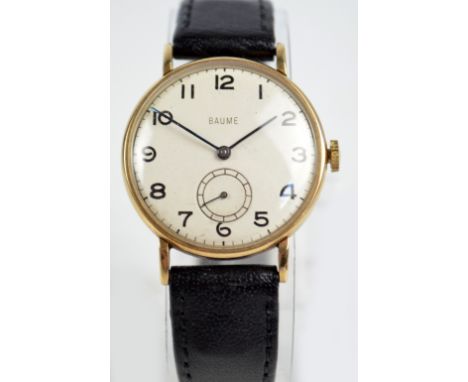 BAUME; a gentleman's vintage 9ct gold cased wristwatch, the circular dial set with Arabic numerals and subsidiary seconds han