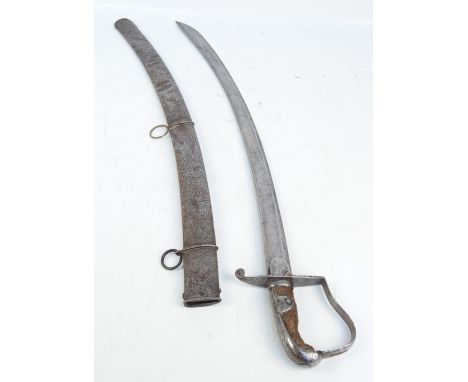 An 18th/19th century curved sword with perished wooden grip, simple knuckle guard and knuckle scabbard, length 99cm.   CONDIT