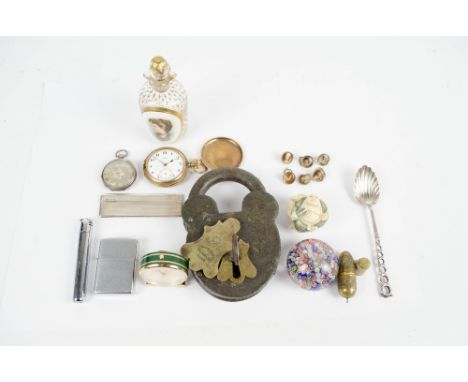 A mixed collectors' lot to include a gilt embellished scent bottle with a painted plaque of a bust of a woman, a large padloc