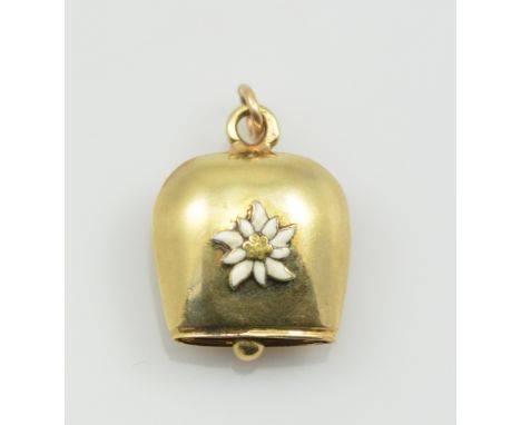 An Austrian yellow gold cow bell shaped pendant with an applied enamel detailed floral motif, width 1.8cm, approx 4.4g.