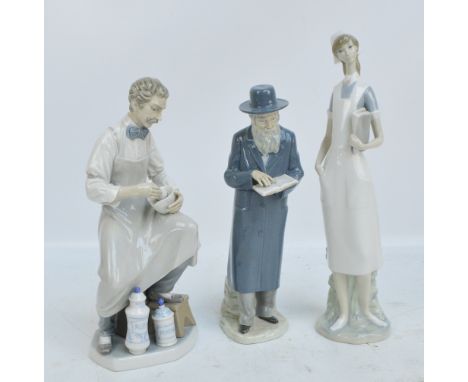 LLADRO; a figure of a pharmacist, a figure of a nurse, and a Nao figure of an Orthadox Jewish gentleman.