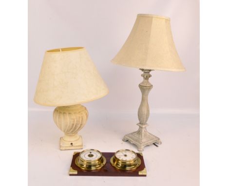 A pot cupboard, two lamps, an oval mirror and a circular barometer and clock on a wooden brass cornered plaque (5).