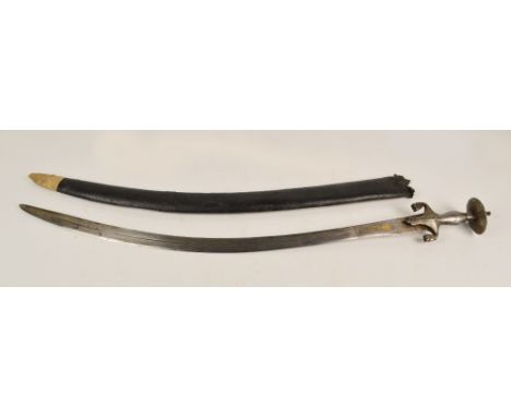 A late 19th century Turkish tulwar, with simple grip and leather scabbard, length 90cm.   CONDITION REPORT:  Heavy wear and d