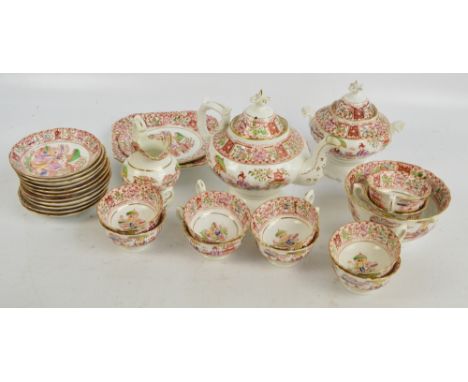 A quantity of Victorian chinoiserie decorated transfer printed teaware, comprising teapot, sucrier, jug and bowl, ten cups, e