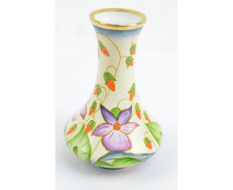 MOORCROFT; a "Sweet Thief" pattern hand painted enamel baluster vase with brass mounted rim, after design by Rachel Bishop, p