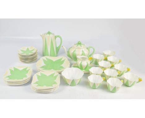 SHELLEY; a 'Dainty - Green Star and Fan' tea service, no.11993/9, comprising teapot with stand (af), ten tea cups, twelve sau