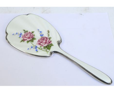 ADIE BROS; a silver and enamel decorated rose painted hand mirror, Birmingham 1963, length 29cm.   CONDITION REPORT:  Small a