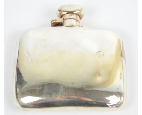 HUBERT HALL; a George V hallmarked silver screw cap hip flask of plain rectangular curved form, Chester 1930, width 11cm, app