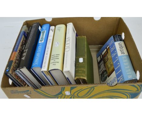 A small collection of reference books relating to antique silver, Oriental rugs, Georgian bracket clocks, longcase clocks, an