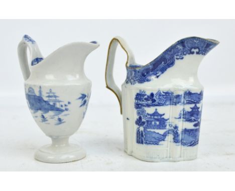 An 18th century porcelain footed cream jug, overall painted with Oriental architectural landscape, height 12.5cm and another 