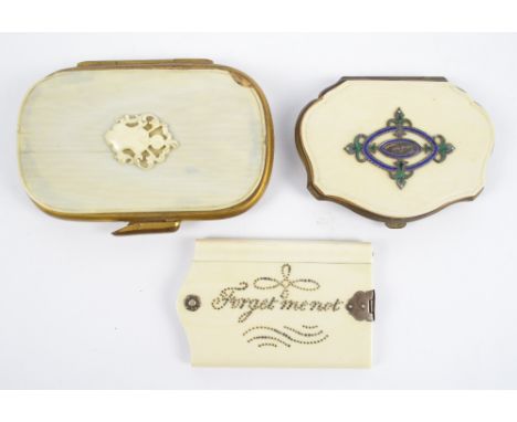 A 19th century ivory coin purse, with white metal enamel inlaid oval and fleur de lys decoration, with vacant cartouche, a fu