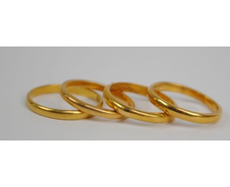 Four 22ct yellow gold wedding bands, size H, two size K and L (4).   CONDITION REPORT:  Weight approx 9.9g.