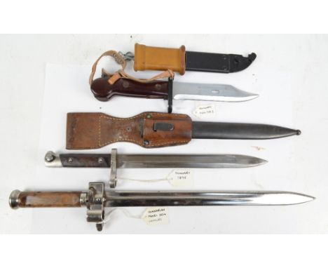 Three Hungarian bayonets; AKM type I, model 35M cavalry and 1895, two with scabbard.