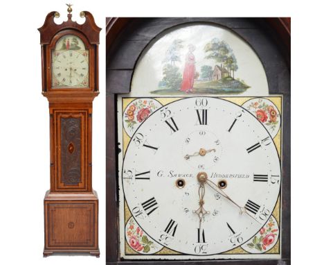 An early 19th century oak, mahogany and inlaid longcase clock with arched painted dial inscribed 'G. Savage Huddersfield', wi