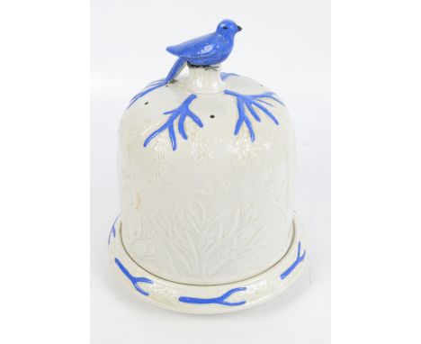 A 19th century Staffordshire ceramic circular cheese plate and dome with moulded foliate decoration and blue overglaze painte