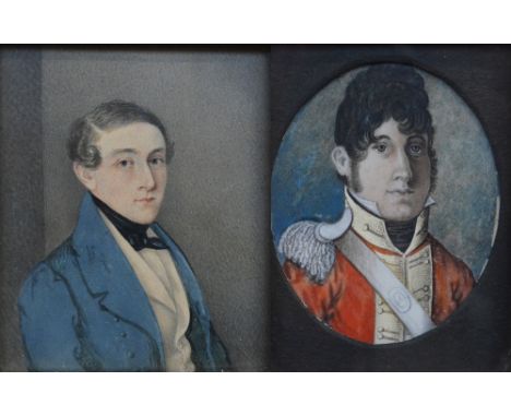 JOS.MOSELY; watercolour, portrait miniature of a gentleman wearing a blue jacket, indistinctly inscribed and dated 1857 verso