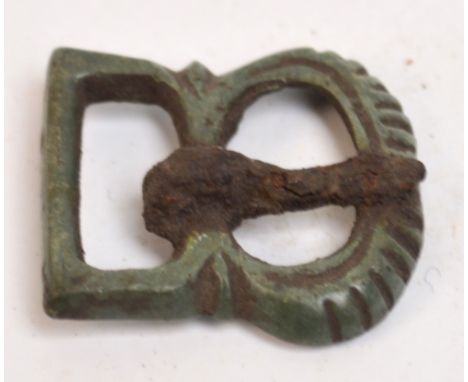 A Viking bronze belt buckle, 2 x 2.5cm.