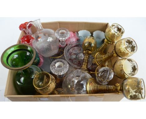 A quantity of glass including a pair of Mary Gregory style enamel decorated ewers, a set of six hock glasses, a damaged Bohem