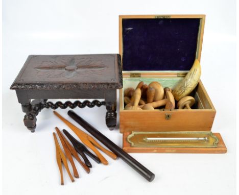 A small quantity of collectors' items comprising a small oak carved stool, a Victorian pine box with hinged lid containing a 