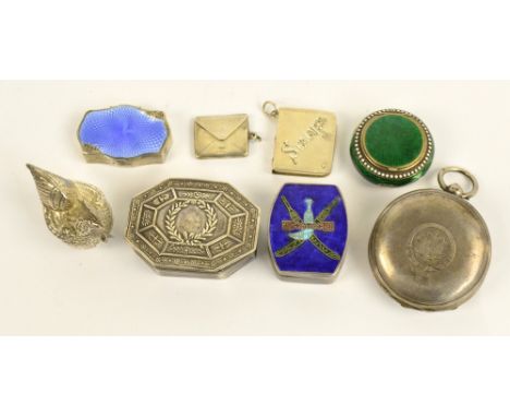 A group of sterling silver pill boxes including a Norwegian guilloche enamel decorated example, a similar shaped rectangular 