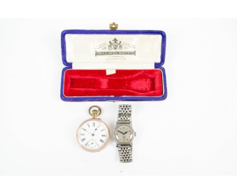 A small 9ct rose gold cased crown wind pocket watch, engraved with the royal crest, the white enamel dial set with Roman nume