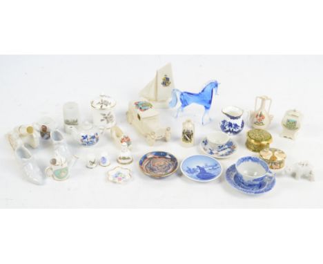 A small collection of crested China including Shelley model of a sailing boat, also various ceramic and other miniatures.