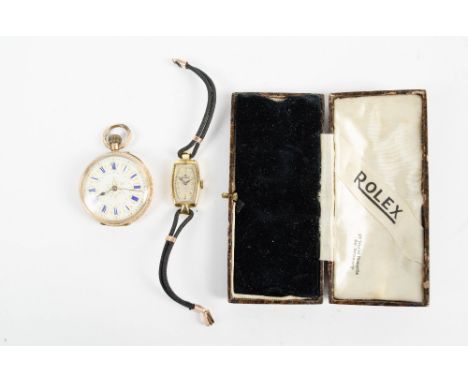 ROLEX; an 18ct yellow gold cased lady's wristwatch, the tonneau brushed metal dial set with gilded Arabic numerals, on a brai