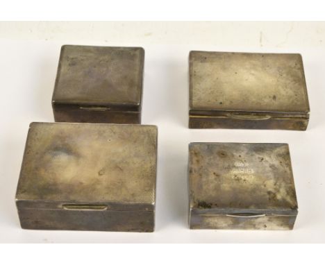 Four variously hallmarked silver cigarette boxes including two by Mappin & Webb, the larger with engine turned decoration, Bi