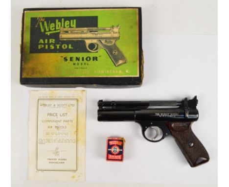 The Webley 'Senior' air pistol, model 177, with beatall waisted air rifle pallet and spare parts leaflet, in original box.   