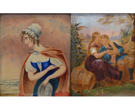 MID 19TH CENTURY ENGLISH SCHOOL; watercolour, study of a young woman with seascape beyond, unsigned, 15 x 12.5cm, framed and 