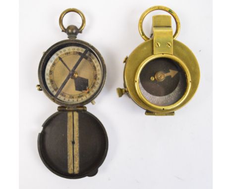 VERNER'S PATTERN; a military issued WWI period leather cased brass bodied pocket compass, with mother of pearl dial inscribed