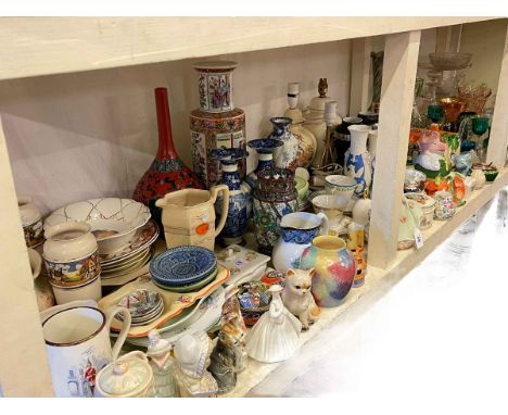 Large collection of glass and china including oil lamp, cakestands, decanter, vases, pottery vases, jugs, Coalport figure, or
