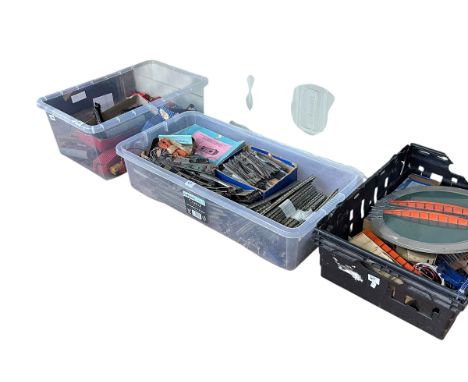 Collection of train carriages, track, stamps, vintage projectors, etc.
