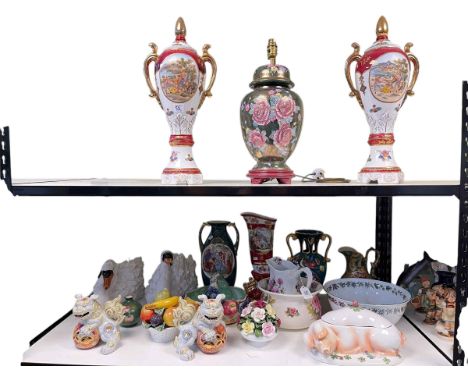 Collection of decorative pottery including vases, planters, table lamp, pair of Dallas Simpson prints etc.