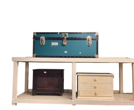 Three vintage travelling trunks, painted pine table top three drawer chest, pine fall front cabinet and pine washstand (6).