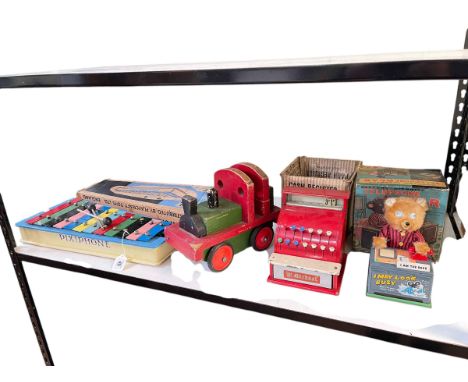 Vintage toys including telephone bear, cash register, pixiphone, etc.