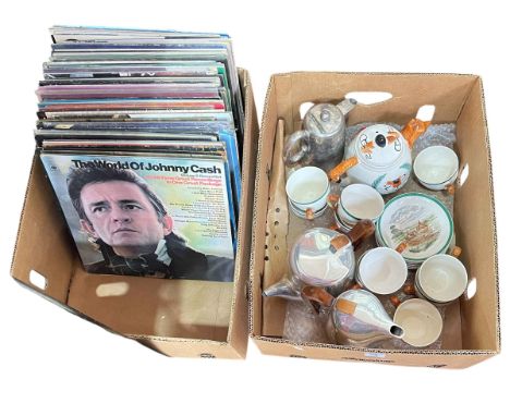 Box of LP records including Johnny Cash and The Eagles, Piquot teapot and hot water pot, Spode Hunting teaware, etc.