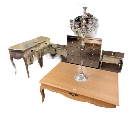 Pair contemporary silvered single drawer pedestals, 71cm by 60cm by 40cm, rectangular two drawer low centre table, 46cm by 11