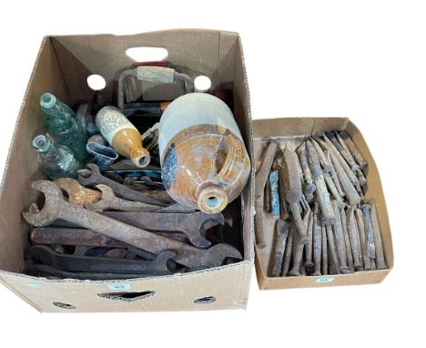 Two Stoneware and two glass bottles and collection of vintage spanners, stonemasons chisels, etc.