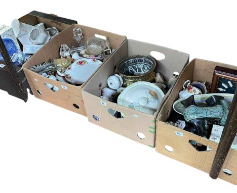 Four boxes of assorted china, glassware, brass planter, Ringtons, etc.