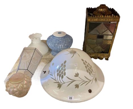 Six assorted light shades including leaded glass hall lantern.