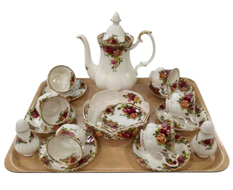 Royal Albert Old Country Roses coffee pot, six coffee cups and saucers, bowl, dish and salt & pepper.