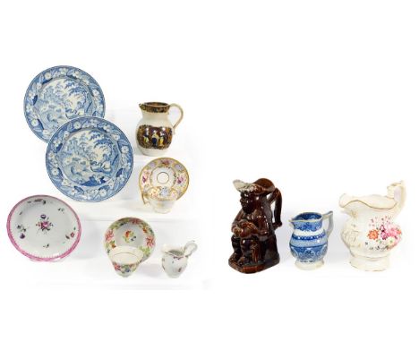 Two trays of 19th century ceramics including pearl ware, Toby jug, documentary jug, New Hall and Ferrybridge etc