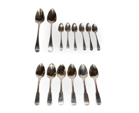 A collection of George III silver flatware, comprising: a pair of Old English pattern table-spoons, engraved with an initial,